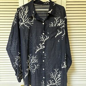 Kiki Sol Lightweight Cotton Button Up Blouse Navy Blue White Coral Print XXL